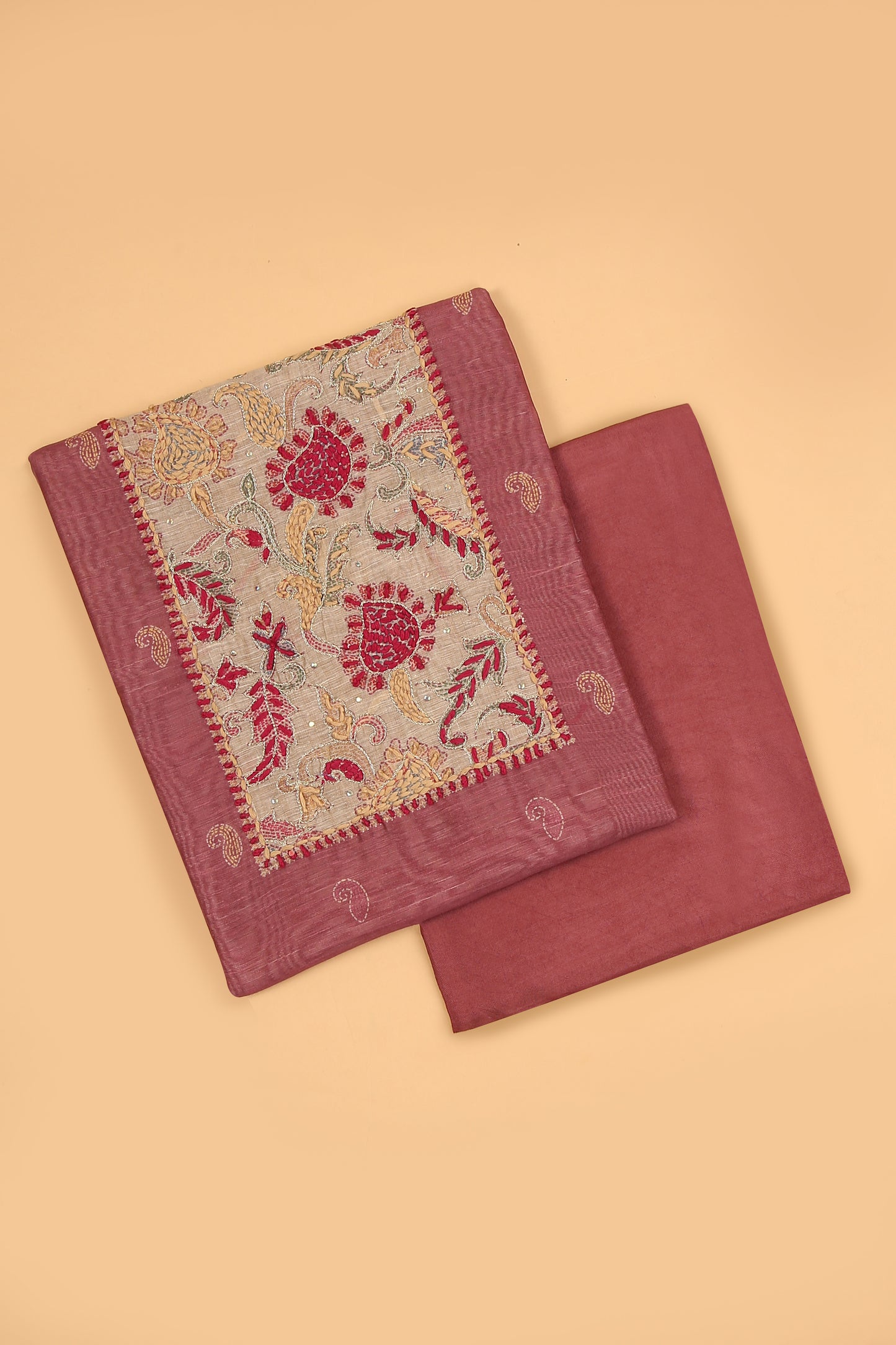 Pink with beige Chanderi unstitched suit set in Kantha work on neck and kantha print on shirt and dupatta