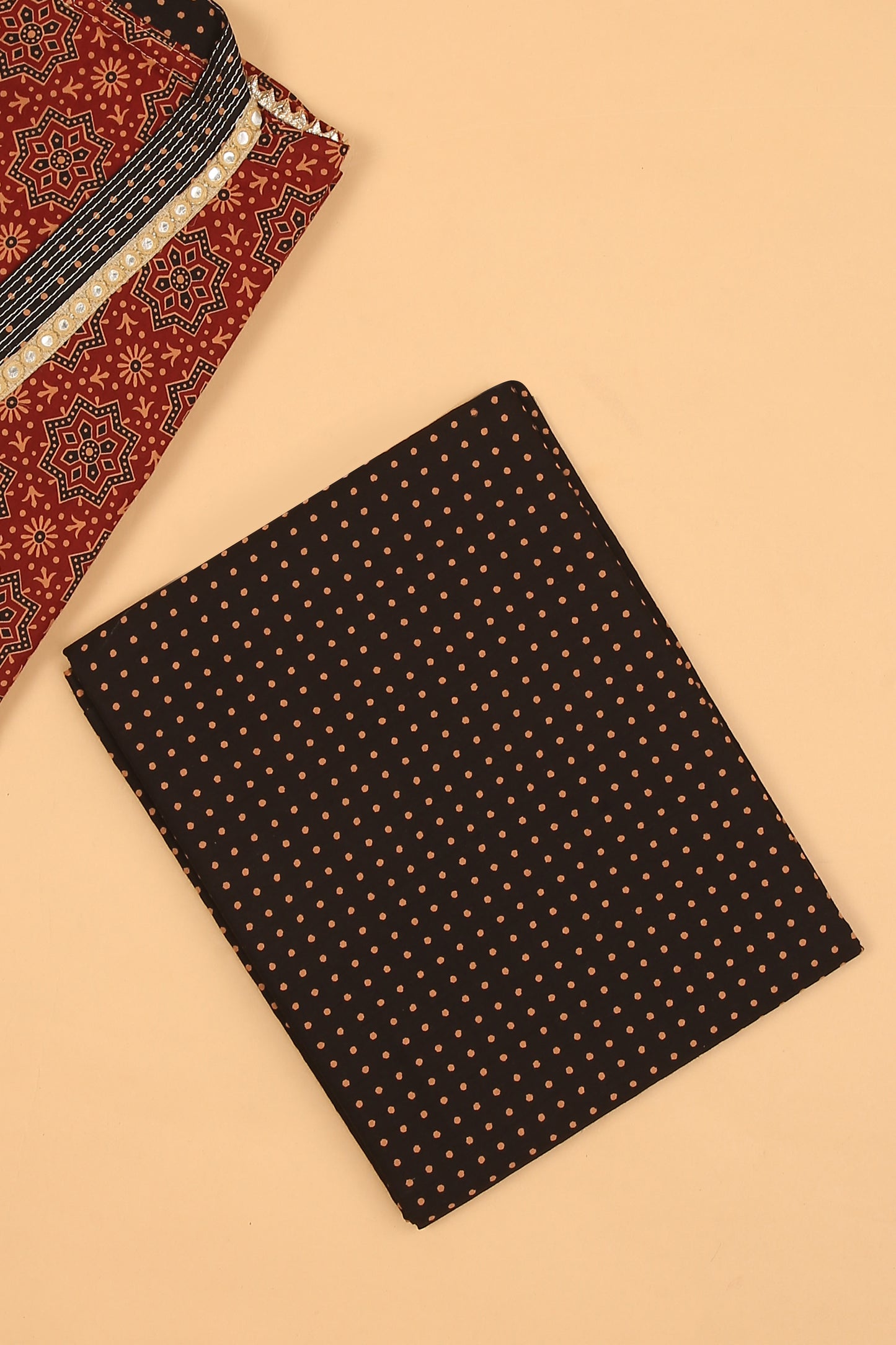 Red Ajrakh Pure Cotton unstitched suit set with Black Pure Cotton Printed Dupatta