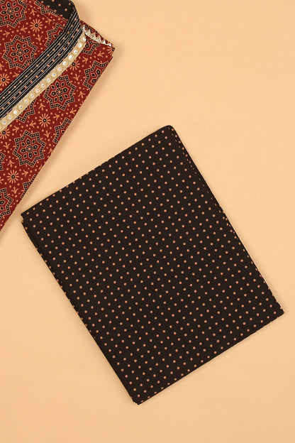 Red Ajrakh Pure Cotton unstitched suit set with Black Pure Cotton Printed Dupatta