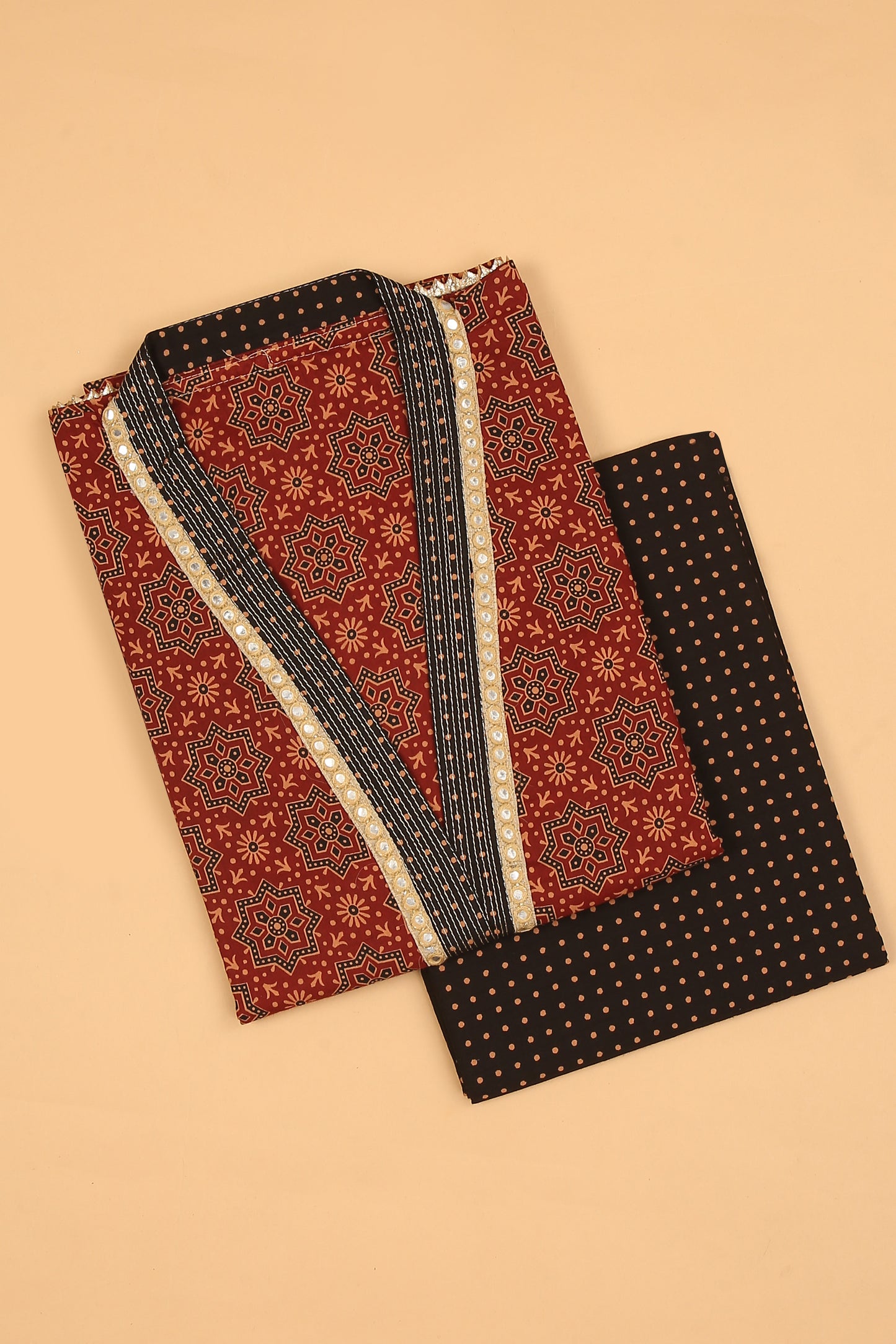 Red Ajrakh Pure Cotton unstitched suit set with Black Pure Cotton Printed Dupatta
