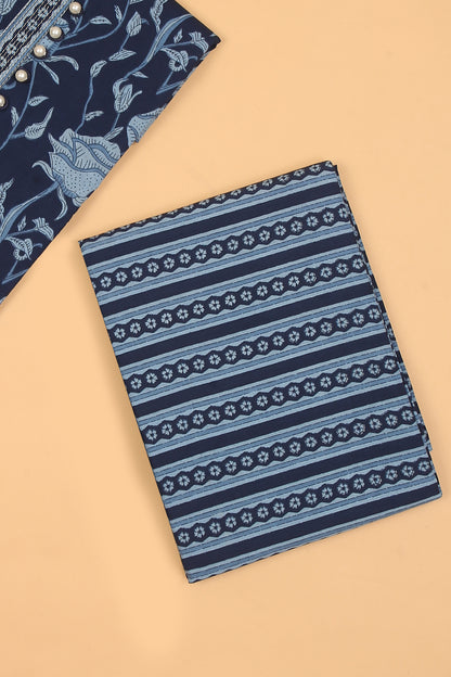 Blue Floral Pure Cotton Unstitched Suit Set with printed dupatta