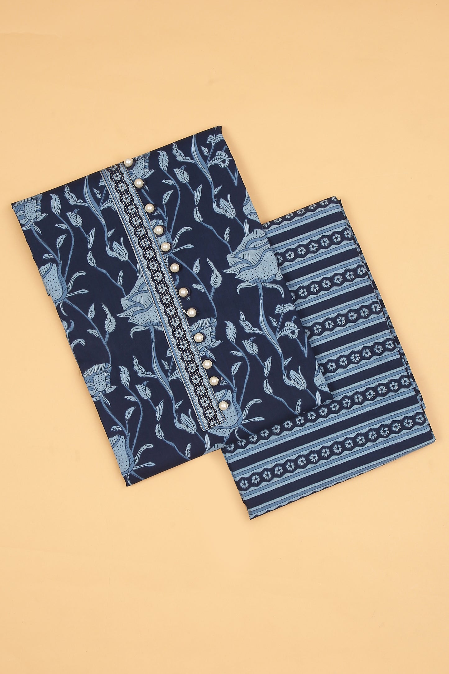 Blue Floral Pure Cotton Unstitched Suit Set with printed dupatta