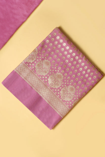 Onion Pink Katan Silk Blend Unstitched suit set with Tradtional Buti woven shirt and Tradional jaal woven Dupatta