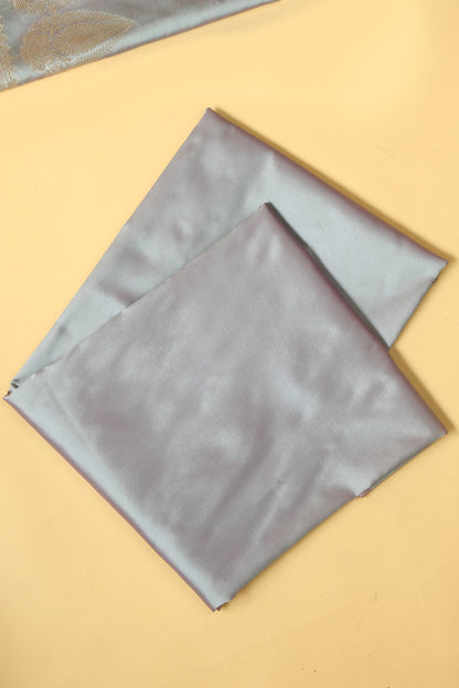 Grey Banarasi Silk Blend Suit Set in Plain Shirt with Front Border and Jaal Woven Dupatta