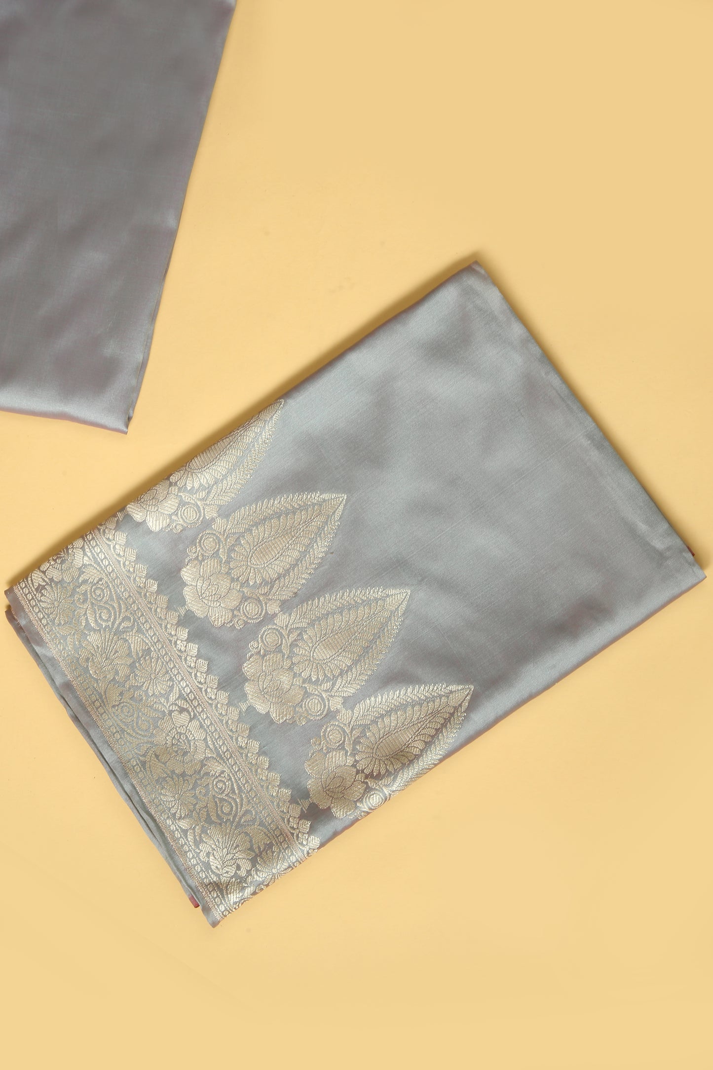 Grey Banarasi Silk Blend Suit Set in Plain Shirt with Front Border and Jaal Woven Dupatta
