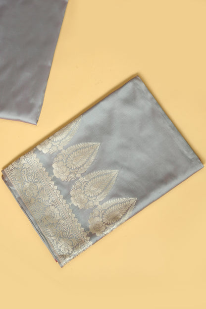 Grey Banarasi Silk Blend Suit Set in Plain Shirt with Front Border and Jaal Woven Dupatta