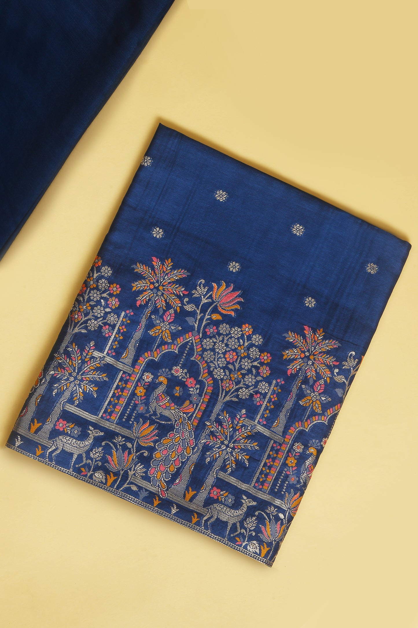 Midnight Blue Chanderi Silk suit in small motifs all over shirt and dupatta with meenakari work on ghera and border
