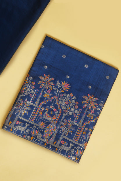 Midnight Blue Chanderi Silk suit in small motifs all over shirt and dupatta with meenakari work on ghera and border