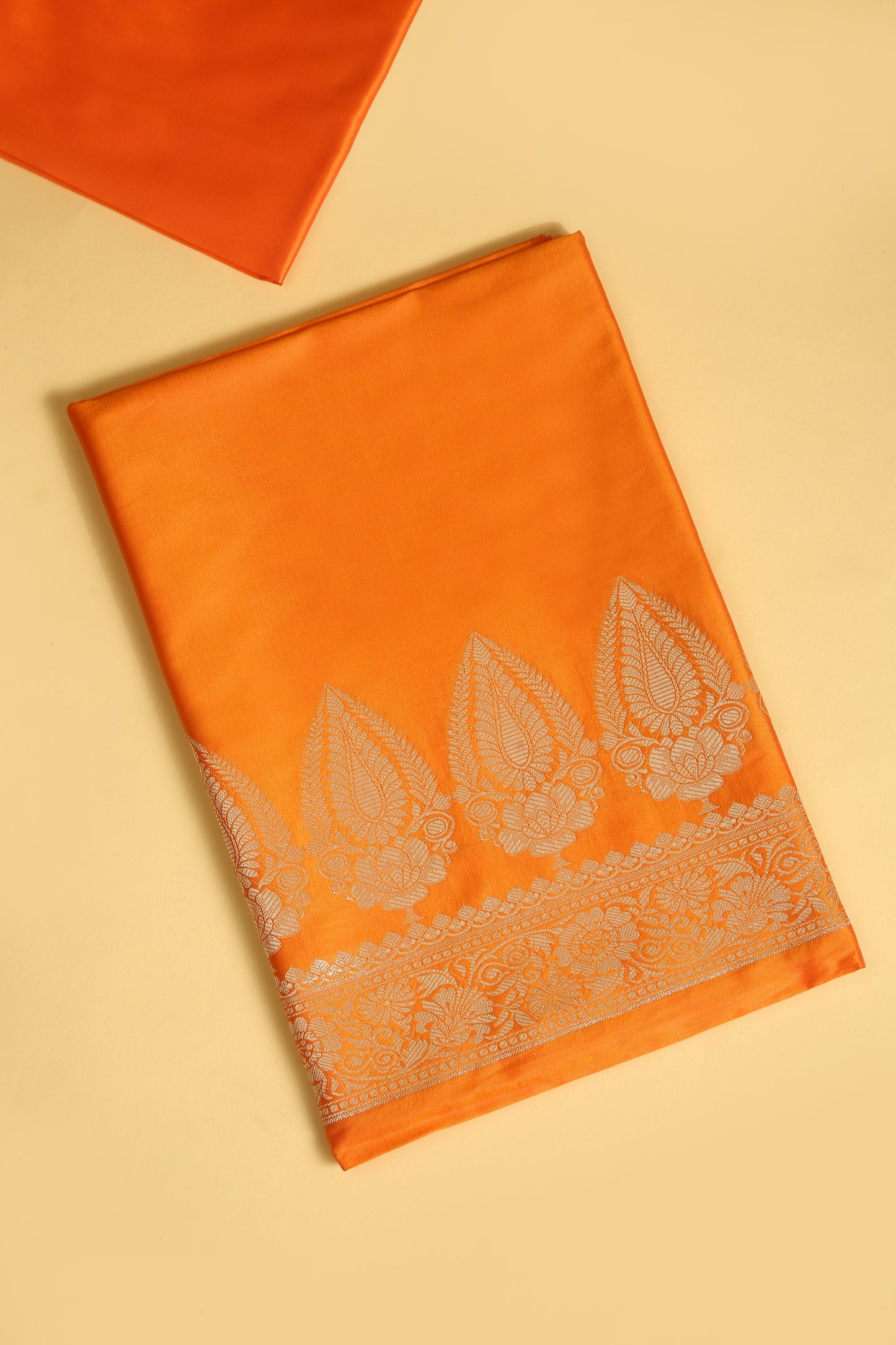 Orange Banarasi Silk Blend Suit Set in Plain Shirt with Front Border and Jaal Woven Dupatta