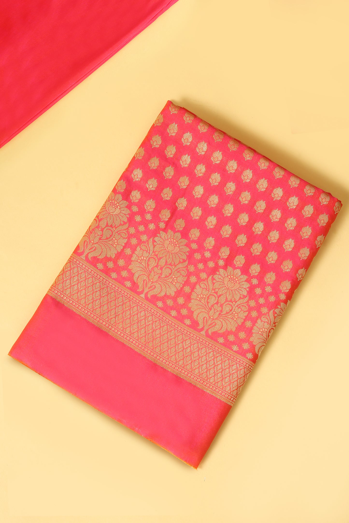 Bright Pink Katan Silk Blend Unstitched suit set with Tradtional Buti woven shirt and Tradional jaal woven Dupatta