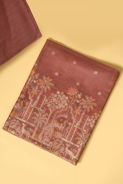 Matka Brown Chanderi Silk suit in small motifs all over shirt and dupatta with meenakari work on ghera and border