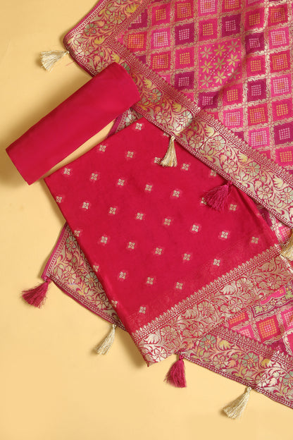Rani Pink Khaddi Georgette Silk Suit in small buti on shirt and Bandhani Weave dupatta with plain crepe silk bottom
