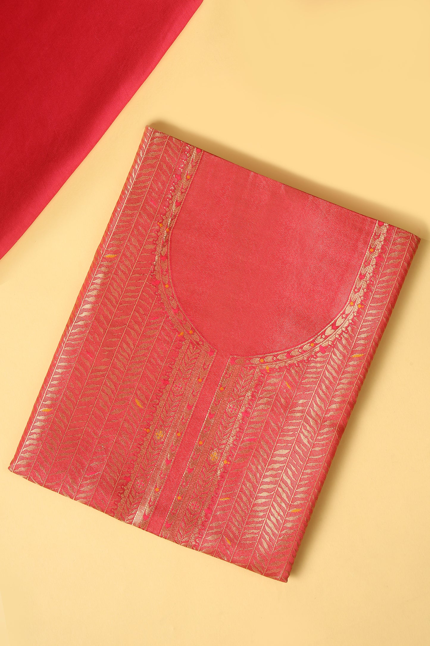 Pink Kimkhwab Silk suit set in intricate weaving with light meena detailed work on neckline and body with Gold zari woven dupatta