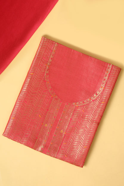 Pink Kimkhwab Silk suit set in intricate weaving with light meena detailed work on neckline and body with Gold zari woven dupatta