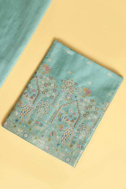 Sea Green Chanderi Silk suit in small motifs all over shirt and dupatta with meenakari work on ghera and border