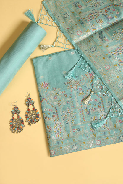 Sea Green Chanderi Silk suit in small motifs all over shirt and dupatta with meenakari work on ghera and border