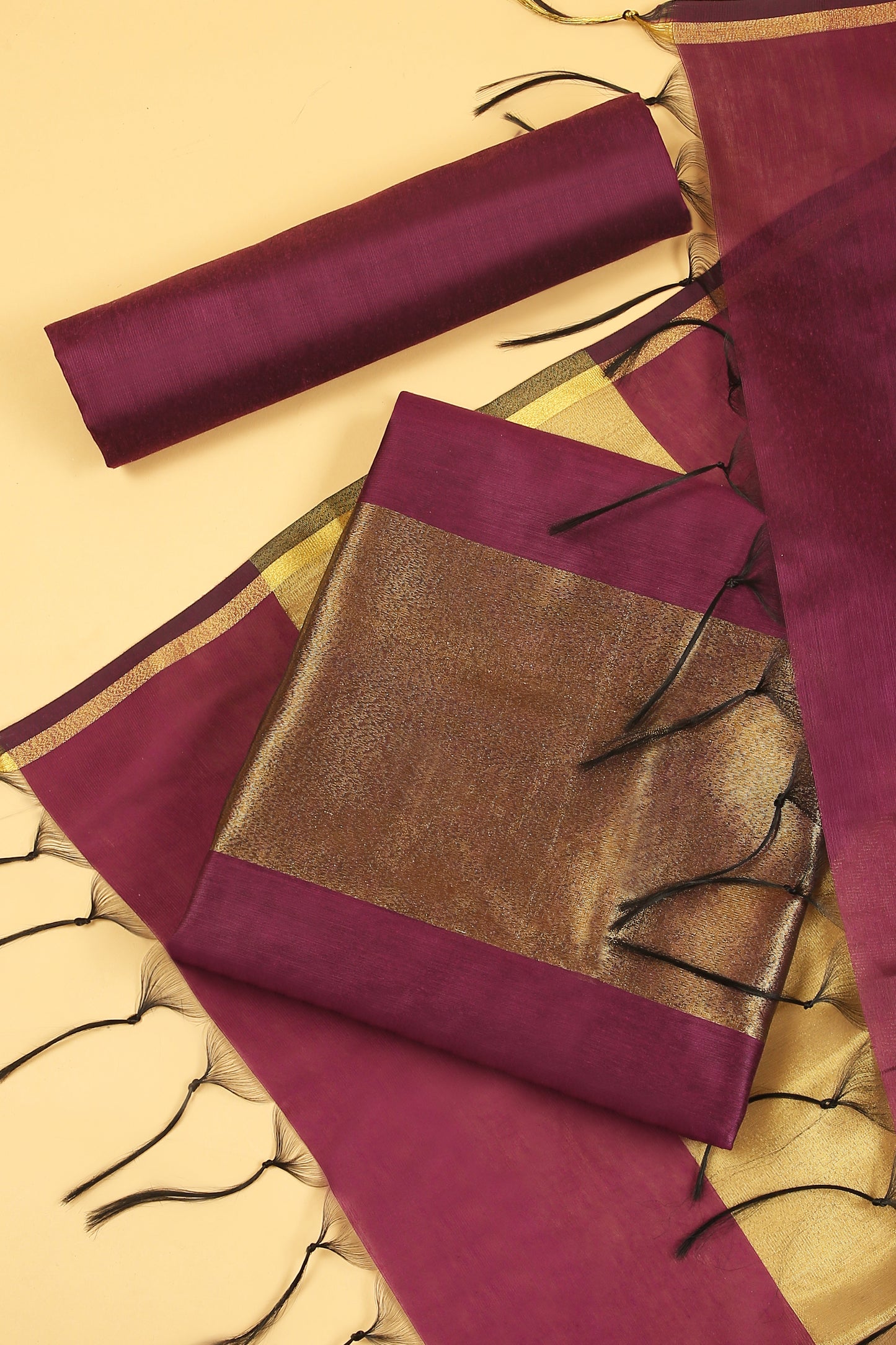 Wine Plain Banarasi Cotton Silk suit with woven border on daaman and Stripe woven golden zari dupatta