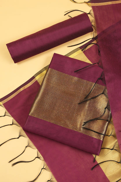 Wine Plain Banarasi Cotton Silk suit with woven border on daaman and Stripe woven golden zari dupatta