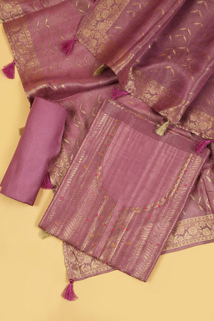 Soft pink Kimkhwab Silk suit set in intricate weaving with light meena detailed work on neckline and body with Gold zari woven dupatta