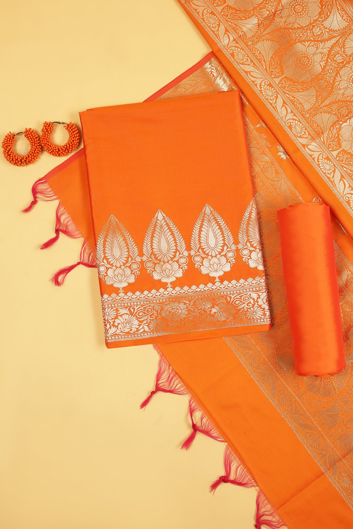 Orange Banarasi Silk Blend Suit Set in Plain Shirt with Front Border and Jaal Woven Dupatta