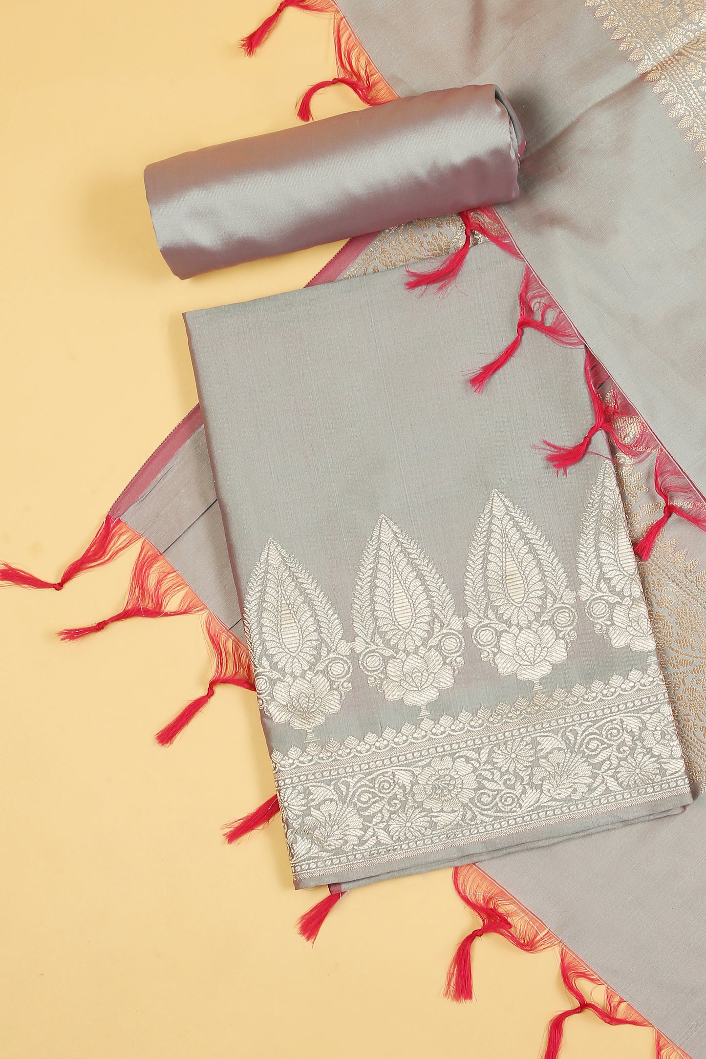 Grey Banarasi Silk Blend Suit Set in Plain Shirt with Front Border and Jaal Woven Dupatta