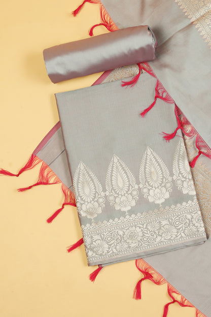 Grey Banarasi Silk Blend Suit Set in Plain Shirt with Front Border and Jaal Woven Dupatta