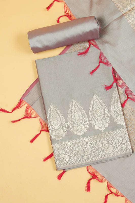 Grey Banarasi Silk Blend Suit Set in Plain Shirt with Front Border and Jaal Woven Dupatta