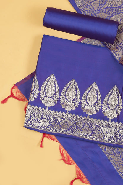 Royal Blue Banarasi Silk Blend Suit Set in Plain Shirt with Front Border and Jaal Woven Dupatta