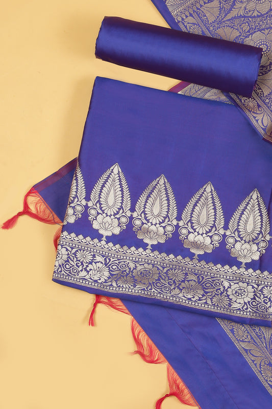 Royal Blue Banarasi Silk Blend Suit Set in Plain Shirt with Front Border and Jaal Woven Dupatta