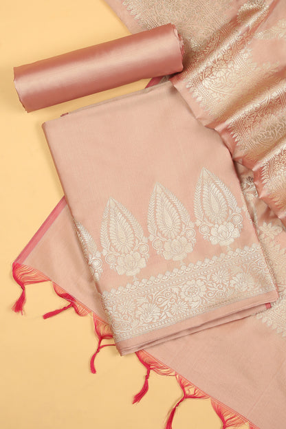 Chiku Banarasi Silk Blend Suit Set in Plain Shirt with Front Border and Jaal Woven Dupatta