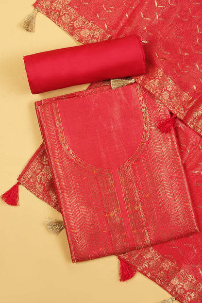 Pink Kimkhwab Silk suit set in intricate weaving with light meena detailed work on neckline and body with Gold zari woven dupatta