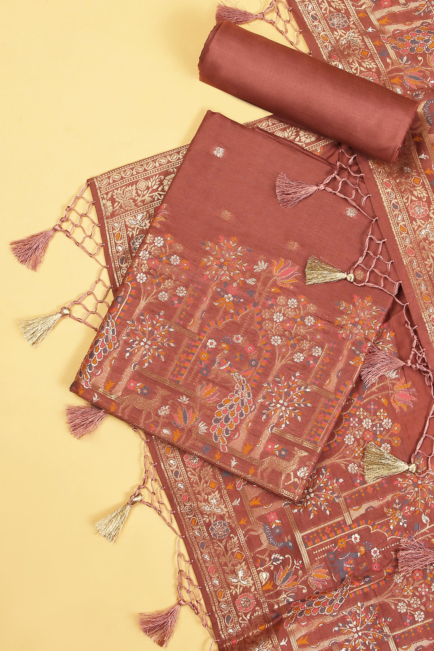 Matka Brown Chanderi Silk suit in small motifs all over shirt and dupatta with meenakari work on ghera and border