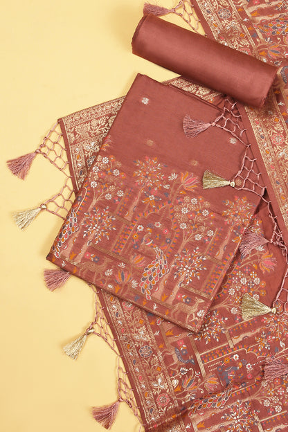 Matka Brown Chanderi Silk suit in small motifs all over shirt and dupatta with meenakari work on ghera and border
