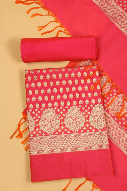 Bright Pink Katan Silk Blend Unstitched suit set with Tradtional Buti woven shirt and Tradional jaal woven Dupatta