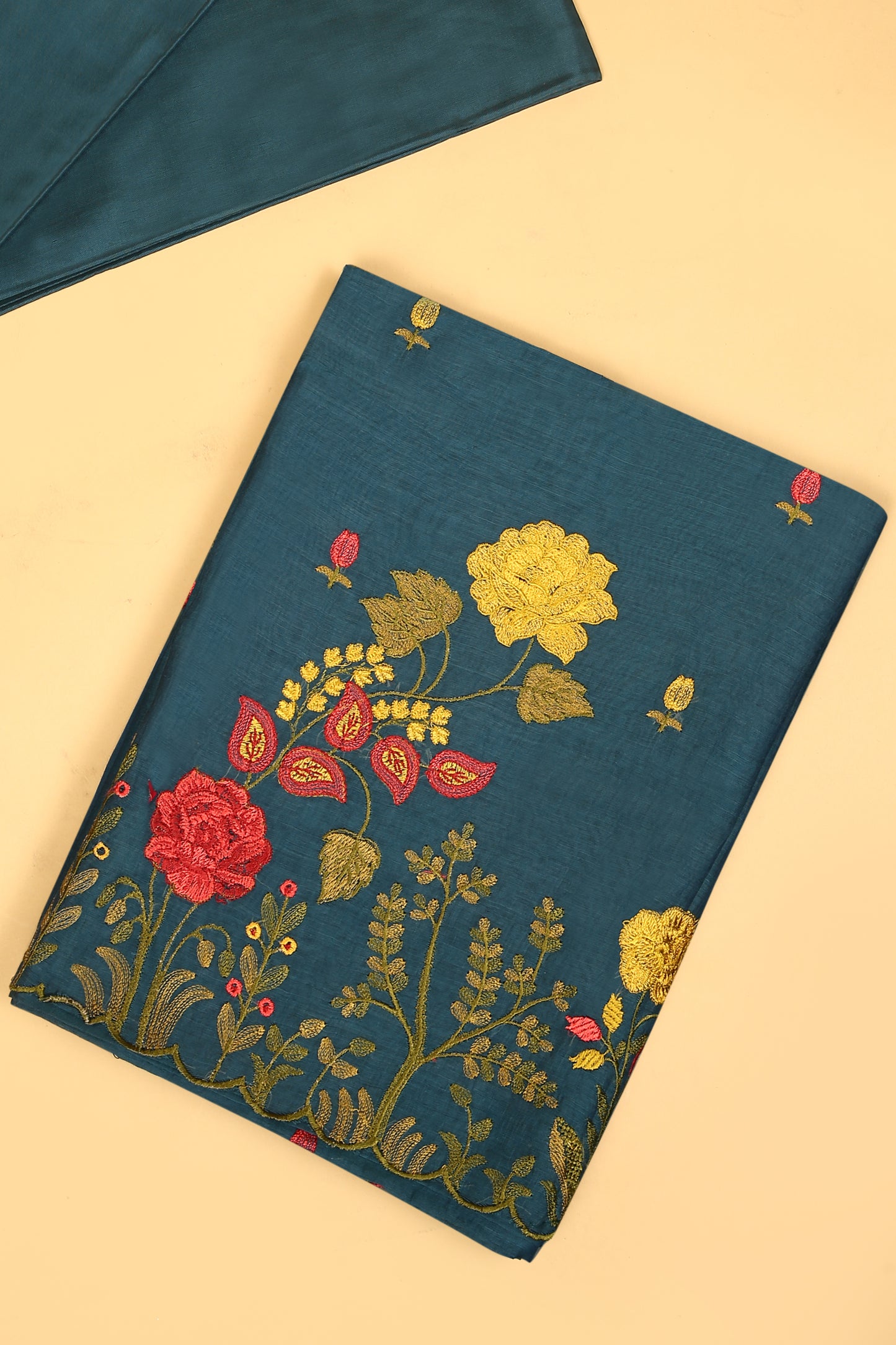 Teal Blue Mul Chanderi unstitched suit set with multi color embroidery on shirt and dupatta with scallop work