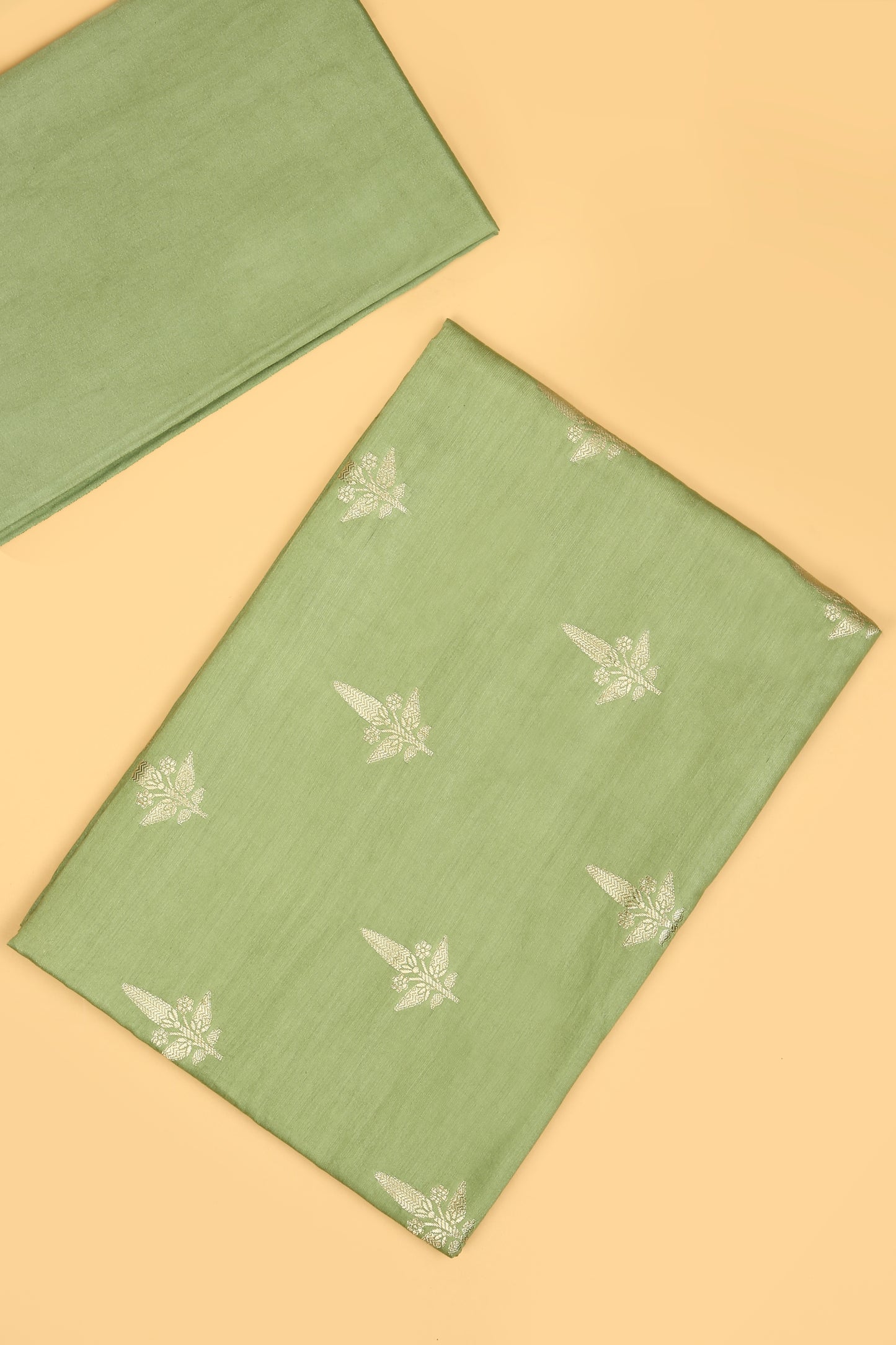 Green Chiniya Silk Blend Zari Woven Unstitched suit set with Zari Woven Dupatta