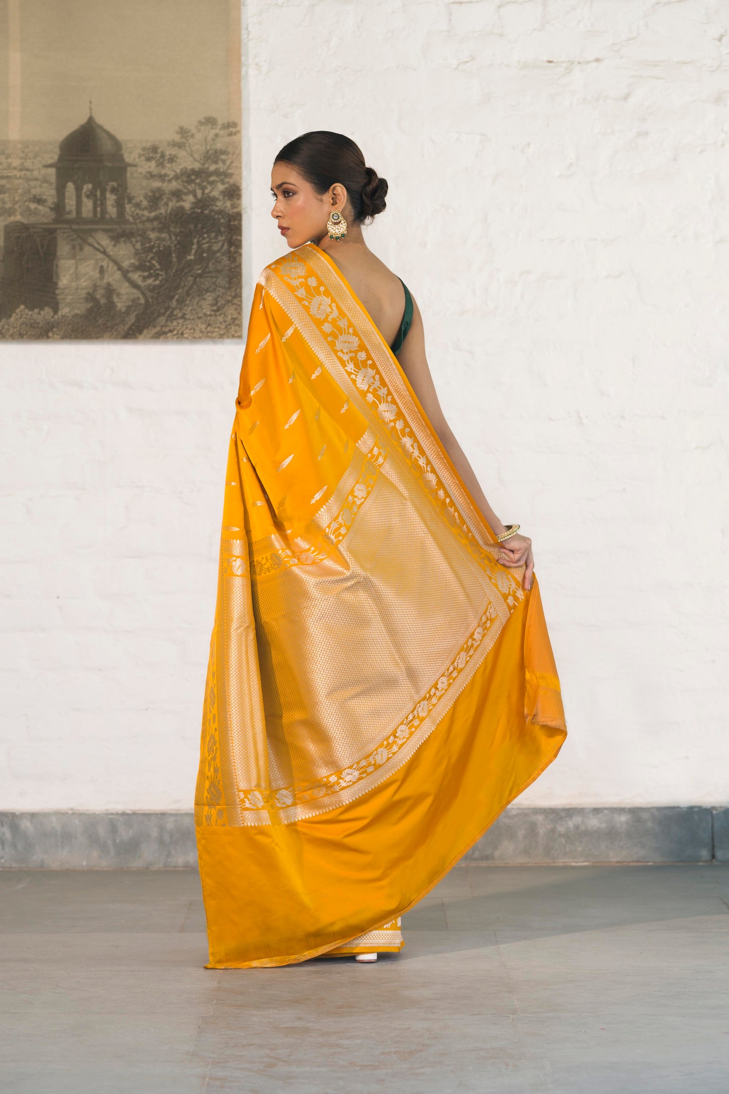 Yellow Mashru Silk Saree woven in Leaf inspired butis across body paired with Floral bel border