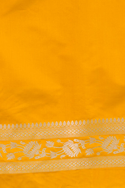 Yellow Mashru Silk Saree woven in Leaf inspired butis across body paired with Floral bel border