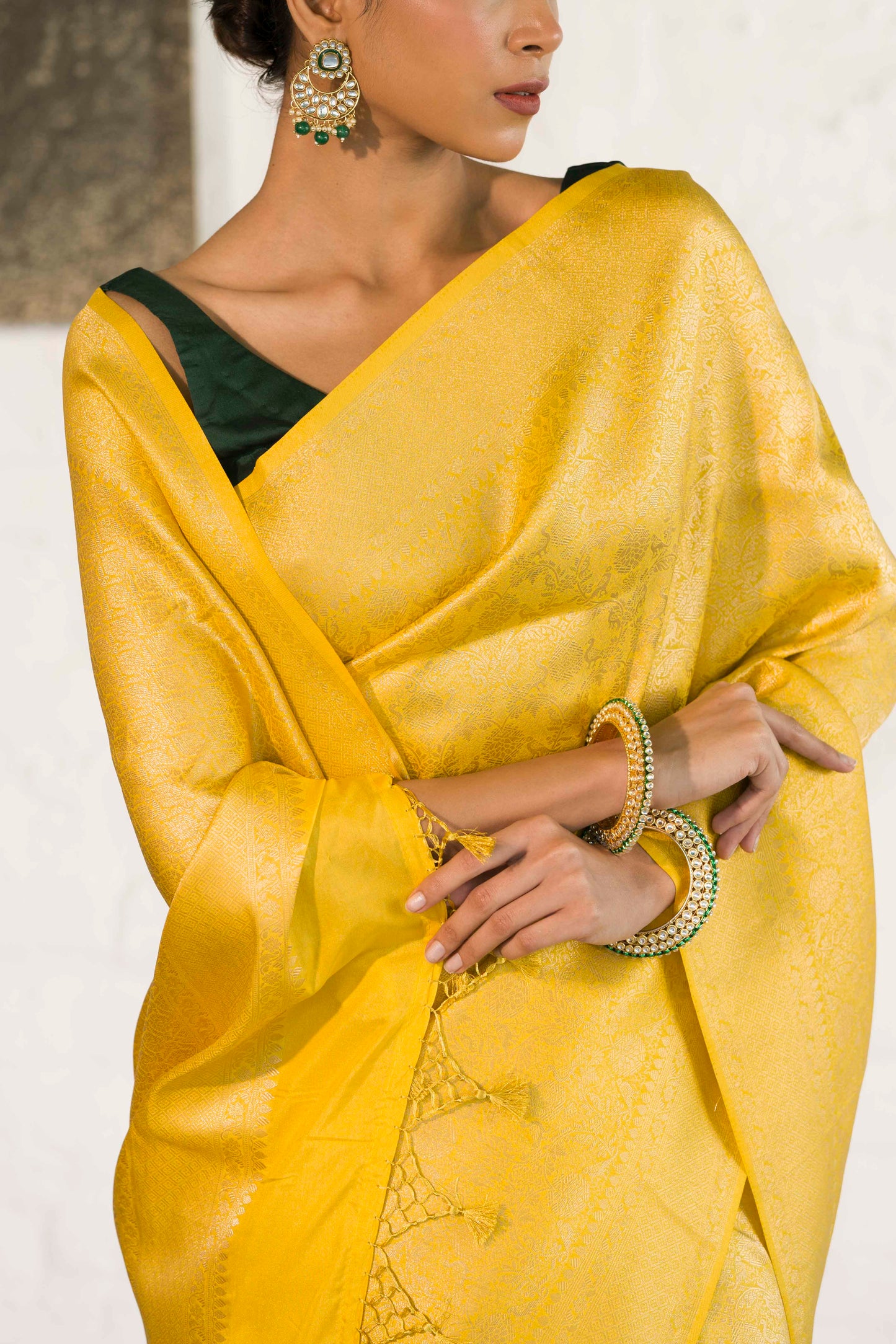 Yellow Soft Silk Saree Woven in Almond Zari within the Fabric giving smooth texture from in and out
