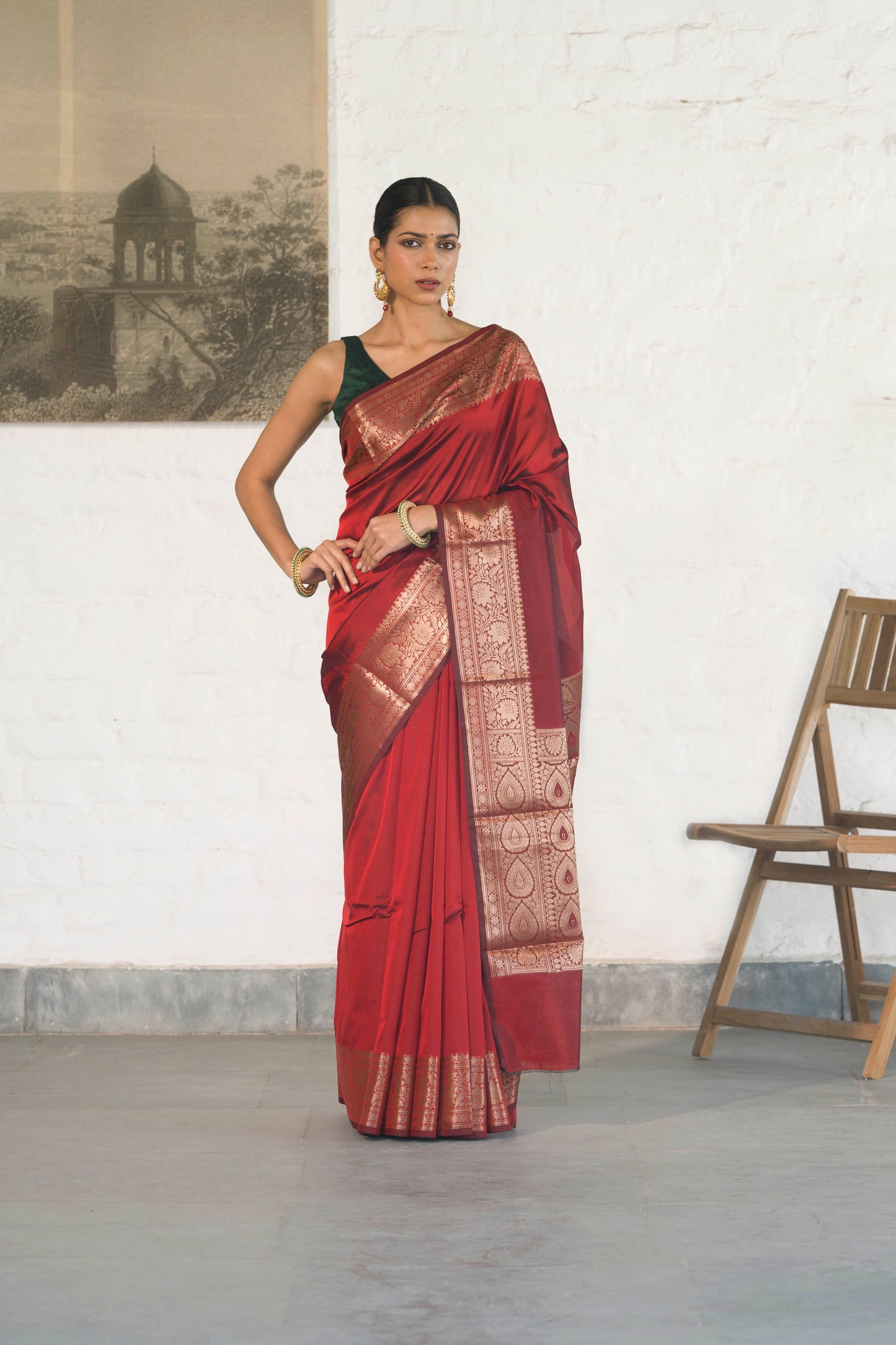 Maroon Plain Blend Silk Saree with traditional border palla and woven blouse