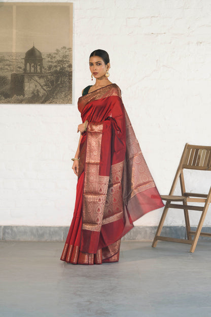 Maroon Plain Blend Silk Saree with traditional border palla and woven blouse