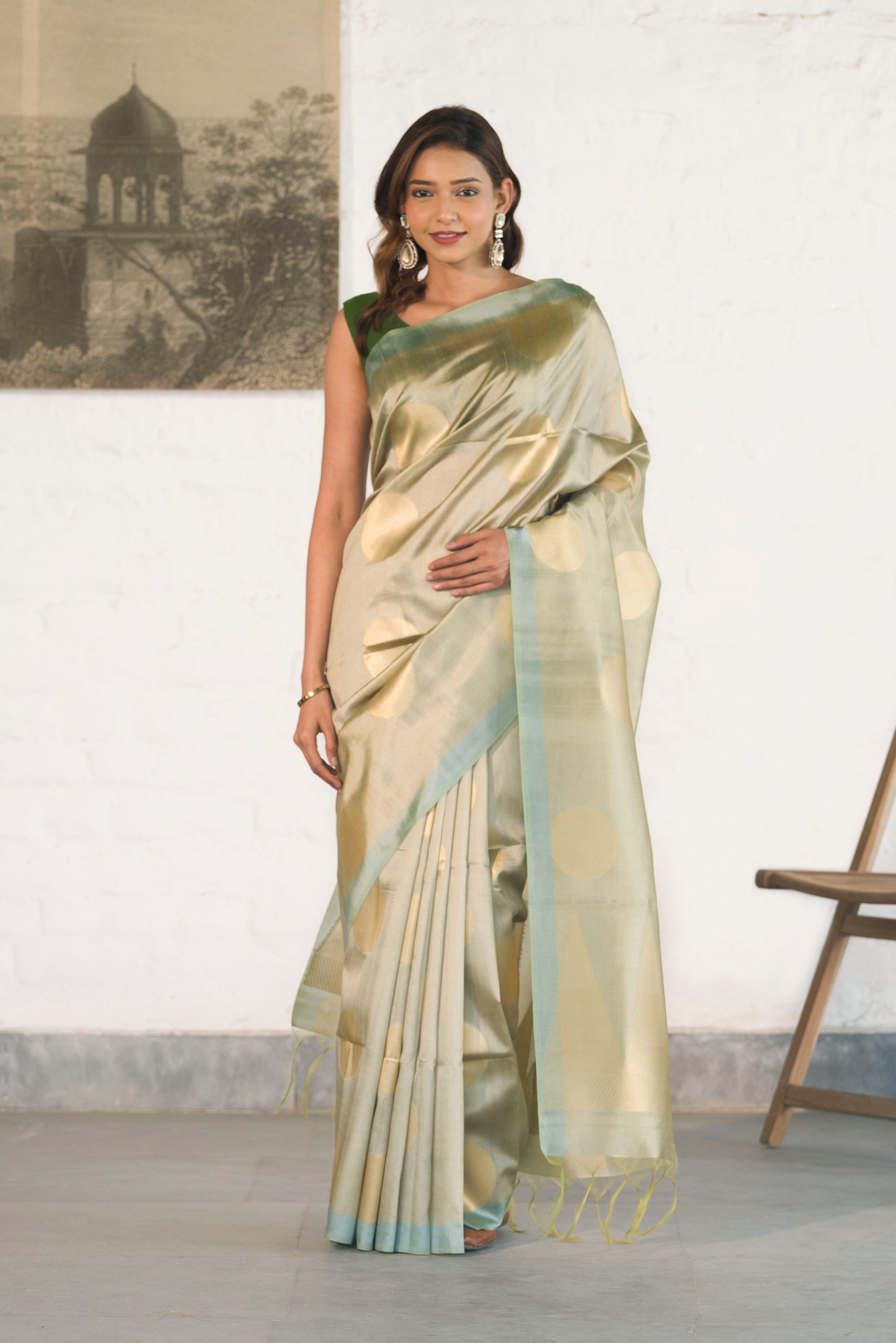Pista Green Banarasi Raw Silk Saree with Zari Polka Buta paired with Temple Palla