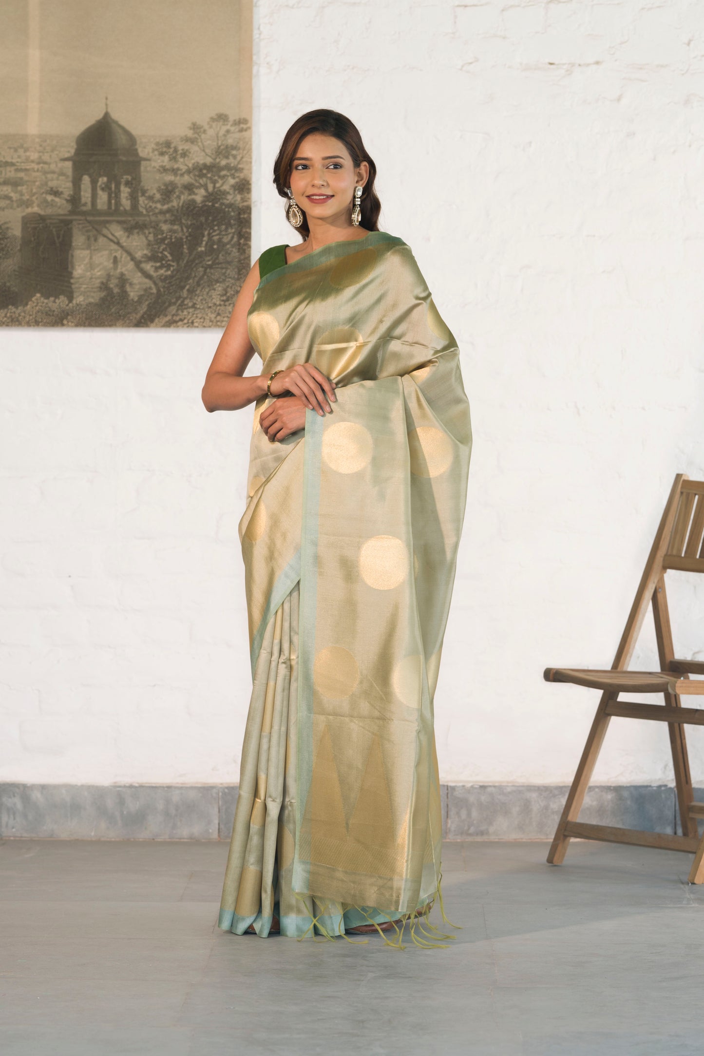 Pista Green Banarasi Raw Silk Saree with Zari Polka Buta paired with Temple Palla