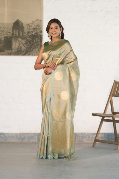 Pista Green Banarasi Raw Silk Saree with Zari Polka Buta paired with Temple Palla