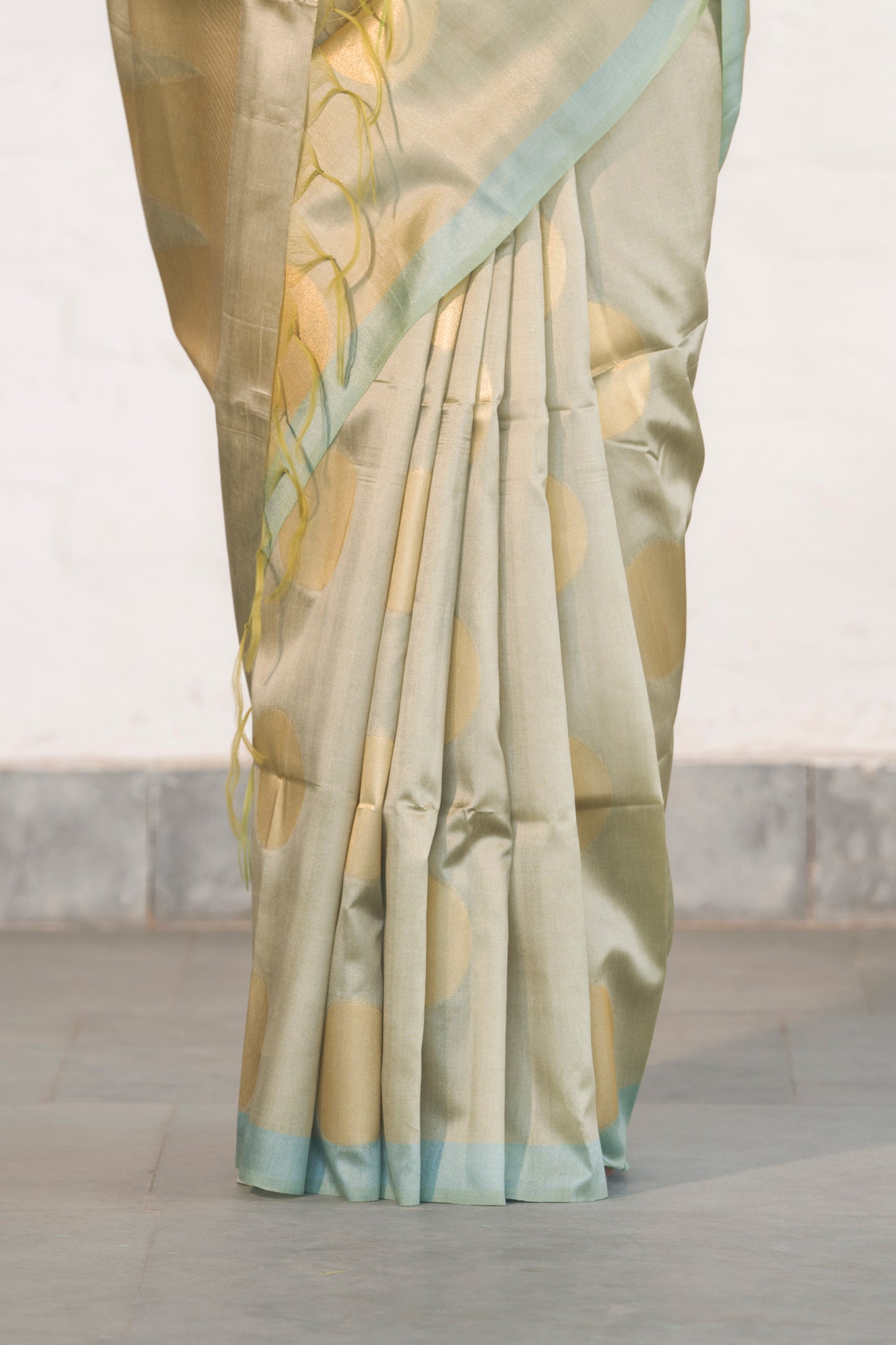 Pista Green Banarasi Raw Silk Saree with Zari Polka Buta paired with Temple Palla