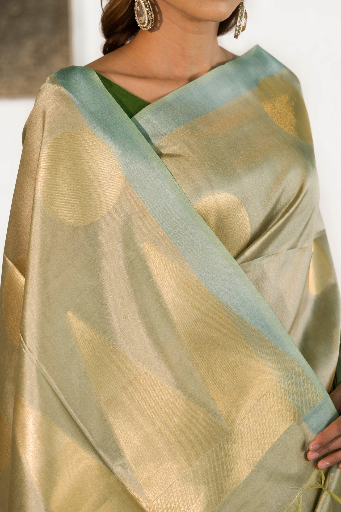Pista Green Banarasi Raw Silk Saree with Zari Polka Buta paired with Temple Palla