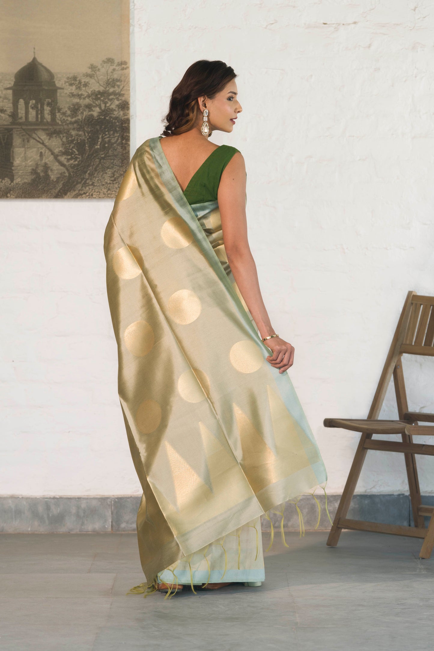 Pista Green Banarasi Raw Silk Saree with Zari Polka Buta paired with Temple Palla