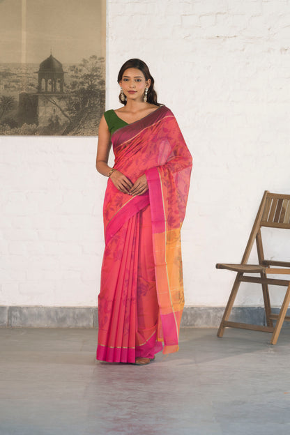 Pink Cotton Silk Saree in Self Woven Floral Pattern with Contrast Palla and Blouse