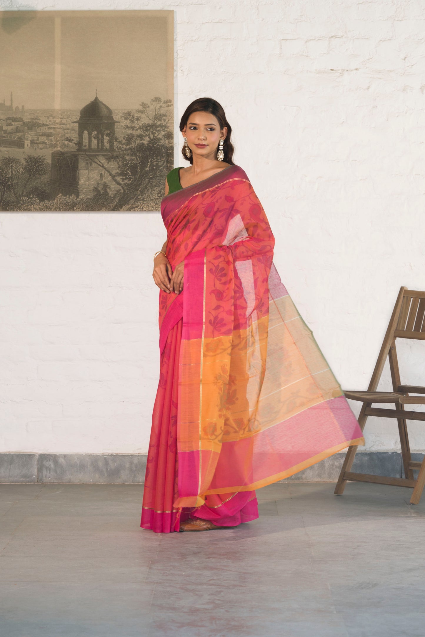 Pink Cotton Silk Saree in Self Woven Floral Pattern with Contrast Palla and Blouse