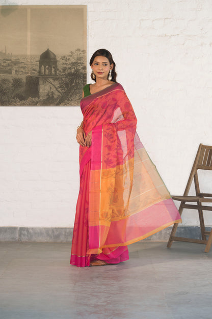 Pink Cotton Silk Saree in Self Woven Floral Pattern with Contrast Palla and Blouse